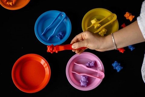 Toy bears are sorted into colorful plates with tongs by a hand on black background