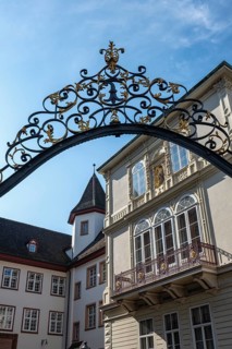 Wrought iron gate in the courtyard of the Domhof in the old town of Basel, Canton of Basel-Stadt,