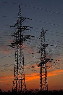 Sunset, high-voltage pylons, Häcklingen, Lüneburg, Lower Saxony, Germany