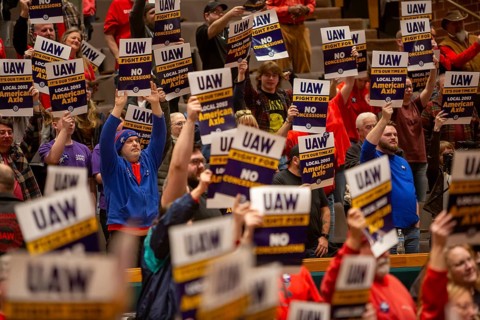 Three Rivers, Michigan USA - 29 March 2026 - Members of the United Auto Workers rally for better
