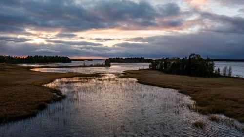 Sunset, drone shot, aerial view, lakes, moor landscape, Lapland, Finland