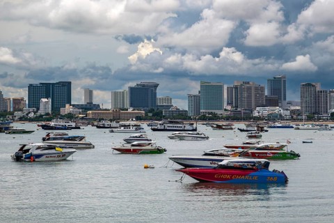 Skyline and speedboats, Pattaya, Thailand
