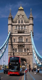 Double-decker bus, pedestrian, traffic on Tower Bridge, The City of London, London, England, Great