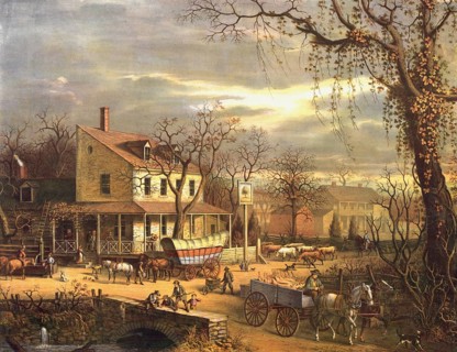 The Inn on the Roadside, by Edward Sachse & Co., from 1872. Depicts a lively autumn street scene at