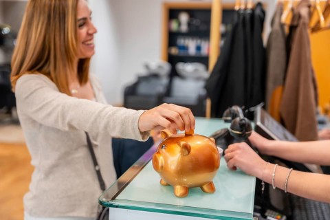 Smiling woman giving a tip by inserting a coin into a golden piggy bank on the counter of a beauty