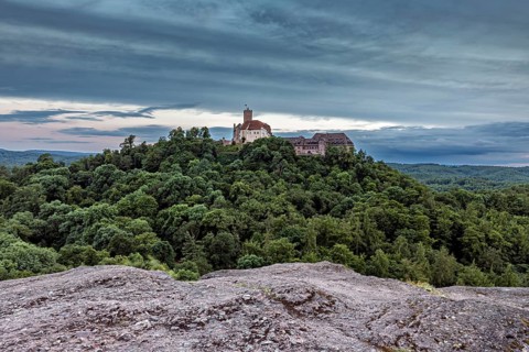 Castle perched on a lush hill surrounded by thick vegetation, The Wartburg near Eisenach in