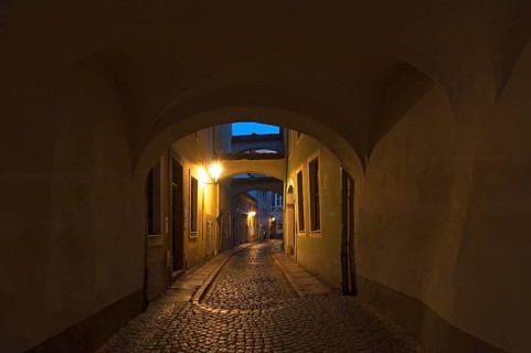 Typical candle arches in evening lighting, Schwarze Straße, Görlitz, Upper Lusatia, Saxony, Germany