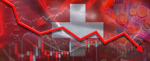 Swiss financial crisis on economic graph. Financial fall of Switzerland on economy market
