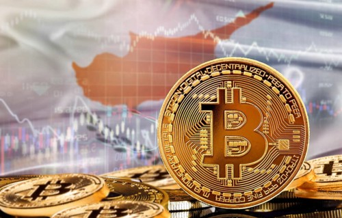 Investors in cryptocurrency and Blockchain Technology in Cyprus, Concept. Bitcoin with Cypriot flag