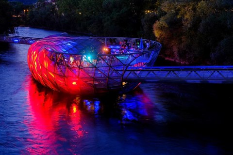 Murinsel, at dusk, architect Vito Acconci, river Mur, Graz, Styria, Austria