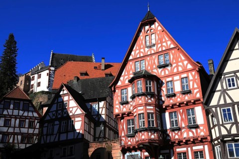 Market square with half-timbered houses on Schnatterloch, Miltenberg, Lower Franconia, Bavaria,