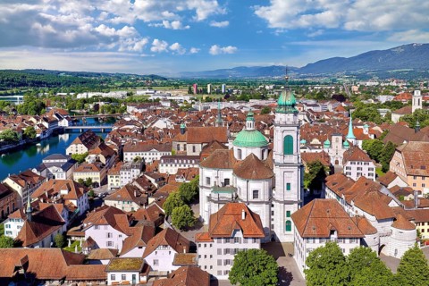 Baroque city of Solothurn with St. Ursen Cathedral from above, Canton of Solothurn, Switzerland