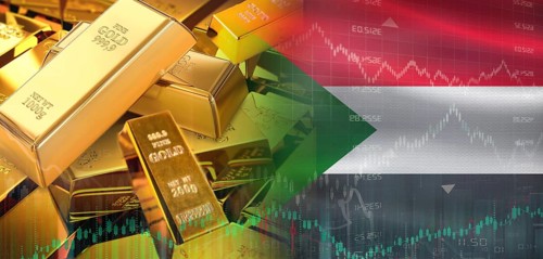 Gold bars stacked on Sudanese flag. Sudan gold reserves, Concept