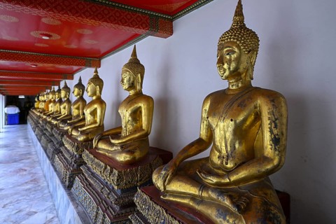 Gilded Buddha statues in Wat Pho, Temple of the Reclining Buddha, Bangkok, Thailand
