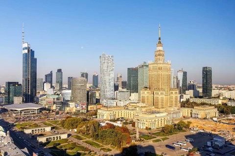 Warsaw skyline skyscrapers with Palace of Culture in the city centre in Warsaw, Poland