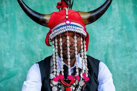 Portrait of a man from the Bison horn maria tribe, Bastar region, Chhattisgarh state, India. The