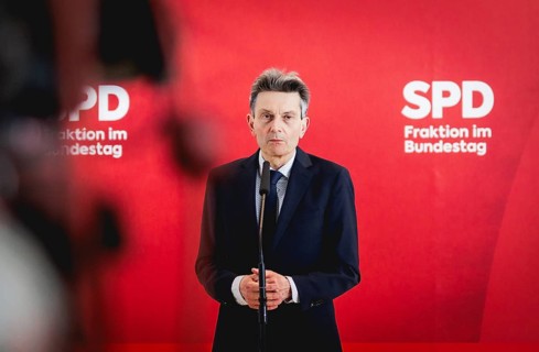 Rolf Mützenich, SPD parliamentary group leader, at a press statement in Berlin, 23 April 2024,