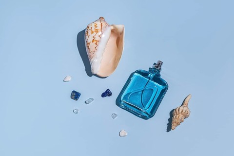A blue perfume bottle, sea shells, and small gemstones are artfully arranged against a soft blue