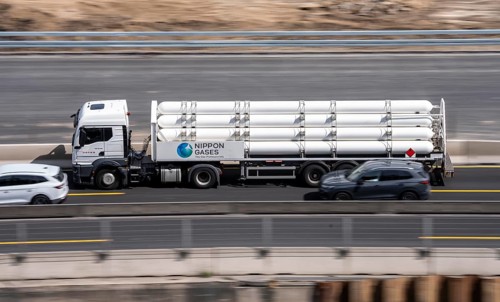 Tankers, gas tankers, trucks, Nippon Gases, trucks on the A3 motorway near Duisburg, North