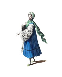 Historical clothing, fashion over time, clothing of a young woman from the island of Tinos, Tine,