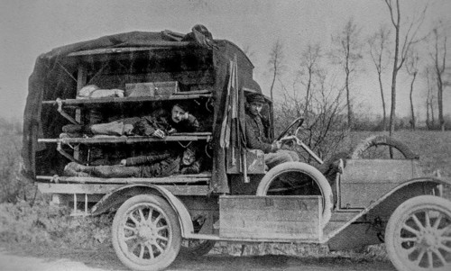 1914 Belgian ambulance for transporting laying wounded WWI soldiers during World War One in West