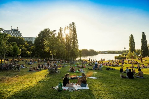 People on and in the lake, Flückiger See, lake park, sunset, bathing in the city, heat wave,