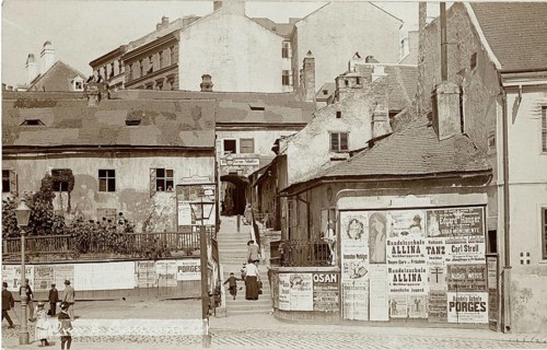 Vienna, advertising posters on the walls, small staircase, Old Vienna, old buildings with many