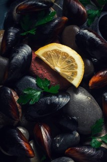 Fresh mussels, on rocks, top view, food concept, selective focus, seafood, no people