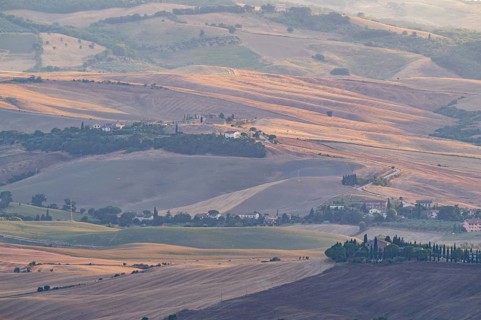 Typical Tuscan landscape in Val d'Orcia with hills, trees, fields, cypresses in autumn at sunset,