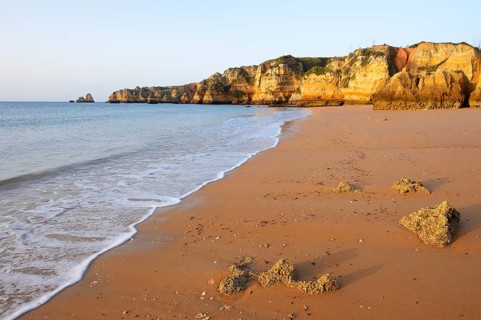 Sandy beach beach and rocky coast, Praia Dona Ana, Lagos, Algarve, Portugal