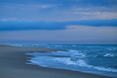 Surf, waves, blue hour after sunset, Houvig Beach, North Sea, Denmark