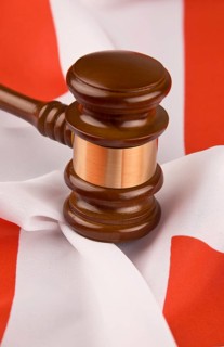 A court hammer and a Swiss flag, verdict, auction hammer, Vienna, Austria