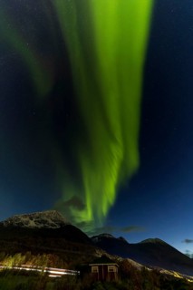 Northern Lights, (Aurora borealis) at a fjord near Skjiervoya, September 2024, Lapland, Finnmark,