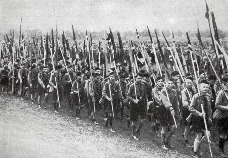 Meeting of the Hitler Youth on 3.7.1933 in Breslau, young people marching with flags, Germany,