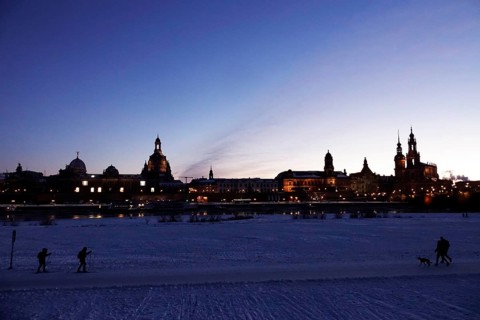 Dresden on a winter evening, Elbe, Church of Our Lady, Palace and Court Church, Saxony, Germany