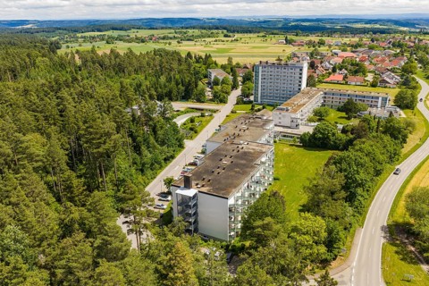 Panoramic view of residential buildings, forests and fields in good weather, Wart, Altensteig,
