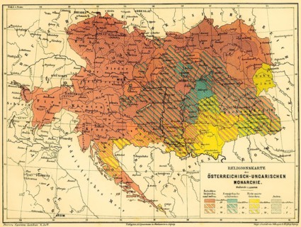 Religious map of the Austro-Hungarian Monarchy, percentage of believers, Catholics, Protestant
