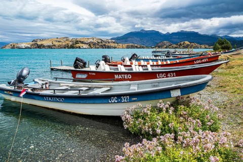 Excursion boats used to explore the marble caves, Puerto Sanchez, lake Lago General Carrera, Chile