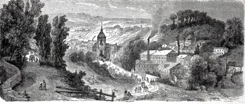 Picture shows the French town of Bolbec in Normandy during the 19th century. The factory buildings