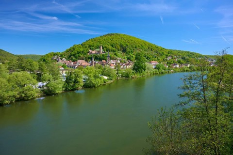 City on the river with a wooded hill surrounded by lush nature and clear skies, Main, Gemünden am