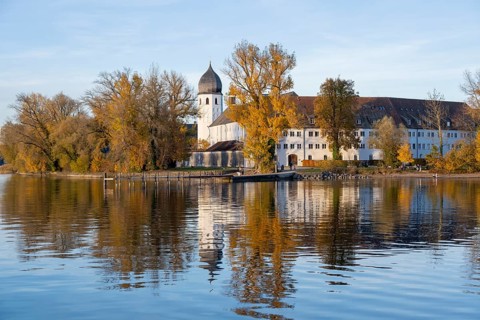 View of Frauenwörth Abbey, Fraueninsel, Chiemsee, Upper Bavaria, Bavaria, Germany