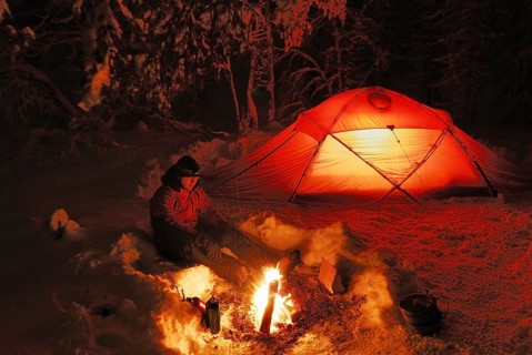Bivouac, tent, illuminated, man around a campfire, Lapland, Sweden, Scandinavia