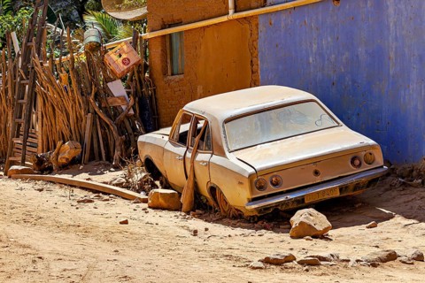 Abandoned old car in dusty desert environment with dilapidated fence and sunny light, old junk car