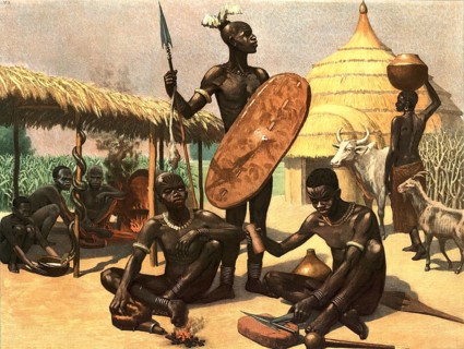 Scene in an African village, often identified as a depiction of the Azande culture in Central