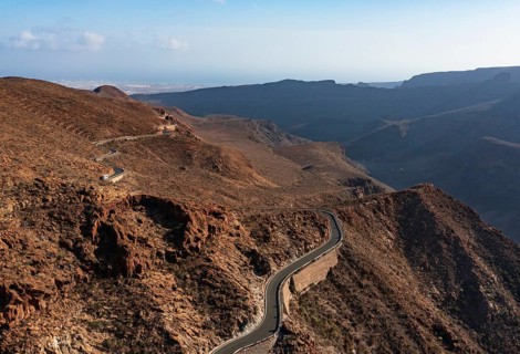 Drone shot, mountain road at the Degollade de las Yeguas viewpoint, Gran Canaria, Canary Islands,