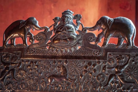 Goddess of prosperity and wealth, Lakshmi flanked by elephants, detail of a silver-plated, richly