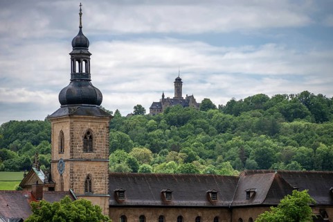 Church tower of St. Jakob church, behind Altenburg, Michaelsberg, Upper Franconia, Bavaria, Germany
