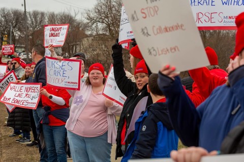 Lapeer, Michigan USA, 10 April 2026, Members of the Michigan Nurses Association rally as their