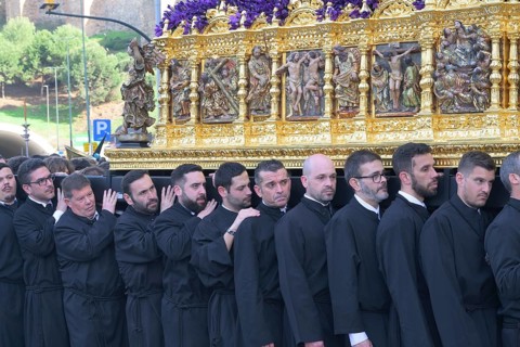 Good Friday procession, processional altar, bearers, these are costaleros, Malaga, Spain
