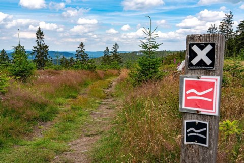 Hiking in the Sauerland, path near Jagdhaus, hiking sign, Rothaarsteig district of Schmallenberg,